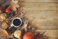 Autumn flat lay. Warm cup of tea, pumpkins, fall leaves, cozy scarf on rustic wooden table with space for text. Hygge fall banner Royalty Free Stock Photo