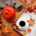 Autumn flat in the Scandinavian hugg style with hot tea, coffee, yellow leaves, cozy knitwear, a book, a pumpkin and gloves