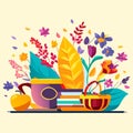 Autumn flat vector illustration. Fall background with books, flowers, leaves and cup of tea. Generative AI Royalty Free Stock Photo