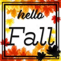 Autumn floral background of hello fall text and autumn maple leaves frame