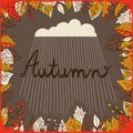 Autumn floral background with leaves, text autumn and cloud with rain. Bright floral background in vintage style. Brawn backdrop.