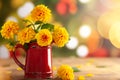 Autumn floral bouquet made of fresh yellow dahlia in vintage red jug on blurred green background with festive bokeh Royalty Free Stock Photo