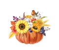 Autumn floral decor with pumpkin. Watercolor illustration. Hand drawn warm colors fall festive decoration with sunflower