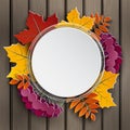 Autumn floral paper cut frame and paper colorful tree leaves on Royalty Free Stock Photo