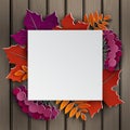Autumn floral paper cut frame, paper colorful tree leaves on wooden background. Autumnal design, fall season sale banner, poster Royalty Free Stock Photo