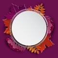 Autumn floral paper cut frame and paper colorful tree leaves on purple background. Autumnal design for fall season banner, poster Royalty Free Stock Photo