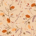 Autumn Floral Seamless Pattern with Acorns, Leaves and Flowers. Fall Vintage Nature Background for Textile, Wallpaper Royalty Free Stock Photo