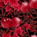 Autumn floral seamless pattern of autumn maple leaves, red apples and berries Royalty Free Stock Photo