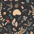 Autumn Floral Seamless Pattern. Berries, Leaves, Brunches And Mushrooms. Cute Vintage Background For Textiles, Fabrics