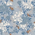 Autumn floral seamless pattern for fabric. Vector ornament from flowers and leaves on a gray background. Vintage texture Royalty Free Stock Photo