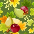 Autumn floral seamless pattern of autumn maple leaves with pear, seeds, apples and acorn