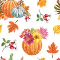 Autumn floral seamless pattern with orange pumpkins, colorful foliage and red berries. Fall botanical print with white background Royalty Free Stock Photo