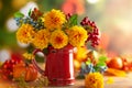 Autumn floral still life with beautiful yellow dahlia in vintage red jug and pumpkins on the table. Autumnal festive concept