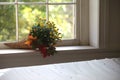 Autumn flower bouquet on interior window sill