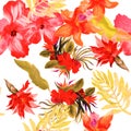Autumn Flower Illustration. Yellow Hibiscus Foliage. Orange Tropical Leaves. Red Exotic Print . Seamless Palm. Pattern Backdrop. S Royalty Free Stock Photo