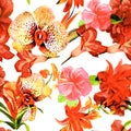 Autumn Flower Painting. Orange Hibiscus Painting. Yellow Tropical Backdrop. Red Exotic Textile . Seamless Illustration. Pattern Te Royalty Free Stock Photo