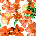 Autumn Flower Print. Orange Hibiscus Leaves. Red Tropical Wallpaper. Yellow Exotic Plant . Seamless Decor. Pattern Backdrop. Flora Royalty Free Stock Photo