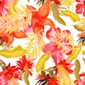 Autumn Flower Textile. Orange Hibiscus Background. Yellow Tropical Palm. Red Exotic Print . Seamless Palm. Pattern Illustration. S Royalty Free Stock Photo