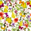 Autumn flowers, butterflies. Ditsy repeating floral pattern. Watercolor