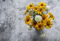 Autumn flowers yellow and white dahlias bouquet  on a gray background, top view. Copy space Royalty Free Stock Photo