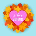 Autumn flyer colorful template with bright october leaves, heart shape and text. Poster, banner seasonal design Royalty Free Stock Photo