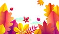 Autumn flyer template for your text. Vector Background of falling autumn leaves. Banner autumn landscape design template