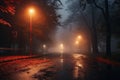 Autumn foggy city street with road and lanterns. 3d rendering, An empty illuminated country asphalt road through the trees and Royalty Free Stock Photo