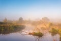 Autumn foggy rural sunrise. Sunny morning on river Royalty Free Stock Photo