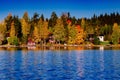 Autumn foliage, fall colorful forest over blue lake with red cabins in Finland Royalty Free Stock Photo