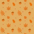 Autumn foliage hand drawn vector seamless pattern. Different tree leaves, acorn and berries decorative texture. Fall Royalty Free Stock Photo