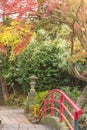 Autumn foliage overlooking the red bridge of the japanese temple Benzaiten in the forest parc of Inokashira in Kichijoji city Royalty Free Stock Photo