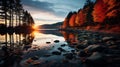 Autumn foliage reflected in a calm lake, vibrant colors, fall atmosphere, serene beauty1 Royalty Free Stock Photo