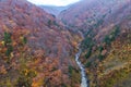 Autumn foliage scenery. Aerial view of valley and stream in fall season. Royalty Free Stock Photo