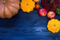 Autumn food background. Healthy food. Flat lay with copy space.