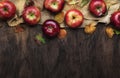 Autumn food background. Ripe apples with nuts, fallen leaves and cinnamon on rustic wooden table. Top view. Copy space Royalty Free Stock Photo