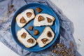 Autumn food composition, cream cheese sandwiches with dried figs. No sugar healthy diet. Blue fabric and dry flowers on white