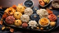 Autumn food concept. Fall backing. Assorted of pies, appetizers and desserts.