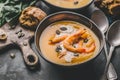 Autumn pumpkin creamy soup in bowls Royalty Free Stock Photo