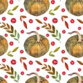 Autumn food. Seamless pattern watercolor yellow pumpkin, red currant berries, orange branch leaves on white. Hand-drawn Royalty Free Stock Photo