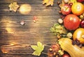 Autumn food top view, Thanksgiving or Halloween background: pumpkins, nuts, fallen leaves and spices on brown wooden background. Royalty Free Stock Photo