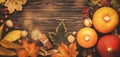 Autumn food top view, Thanksgiving or Halloween background: pumpkins, nuts, fallen leaves and spices on brown wooden background. Royalty Free Stock Photo