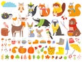 Autumn forest animals. Fall squirrel, funny bear and cute autumnal fox. Fallen leaves cartoon vector set Royalty Free Stock Photo