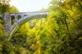 Autumn forest colors with old rocky train bridge in natural park of Vintgar Royalty Free Stock Photo