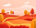 Autumn forest and country road. Bright colorful trees with personality, rural fields and meadows.