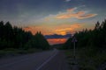 Autumn forest with country road at sunset. Colorful landscape with trees, rural road, sun in fall Royalty Free Stock Photo