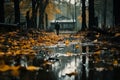 autumn forest in dark and rainy weather, in the distance a house and a walking man, fallen leaves in the water, silhouettes