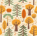 Autumn forest. Different trees grow on a beige background. Between them are fallen leaves, mushrooms. Seamless pattern.