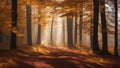 autumn forest in the fog path through the woods with the sun shining through the trees Royalty Free Stock Photo