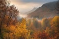 autumn forest with foggy morning light, view of the mountain range in the background Royalty Free Stock Photo