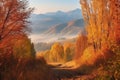 autumn forest with foggy morning light, view of the mountain range in the background Royalty Free Stock Photo